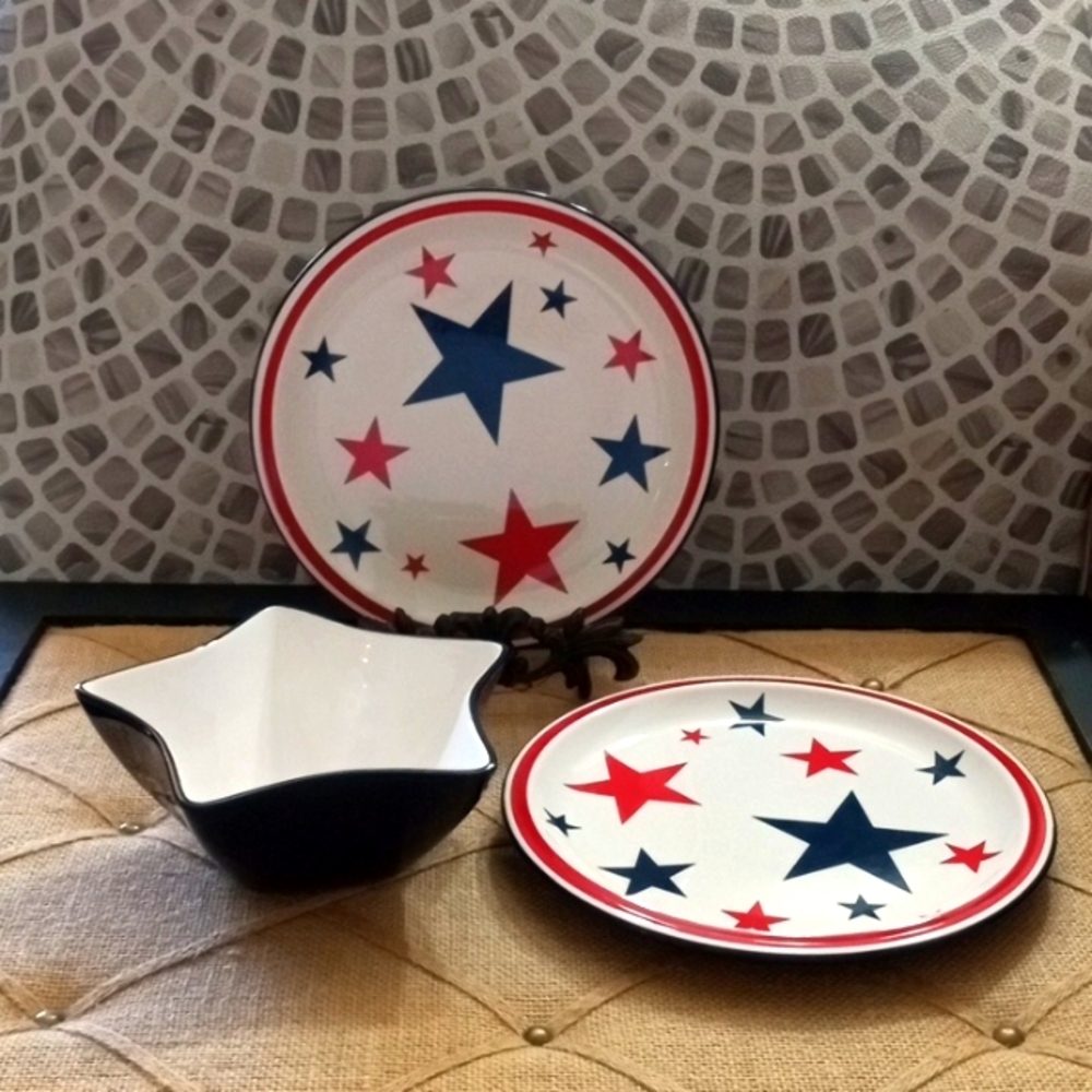 HAND-PAINTED IRONSTONE EXCLUSIVELY FOR Pier 1 STAR RED/WHITE/💙 Plate & Bowl Set